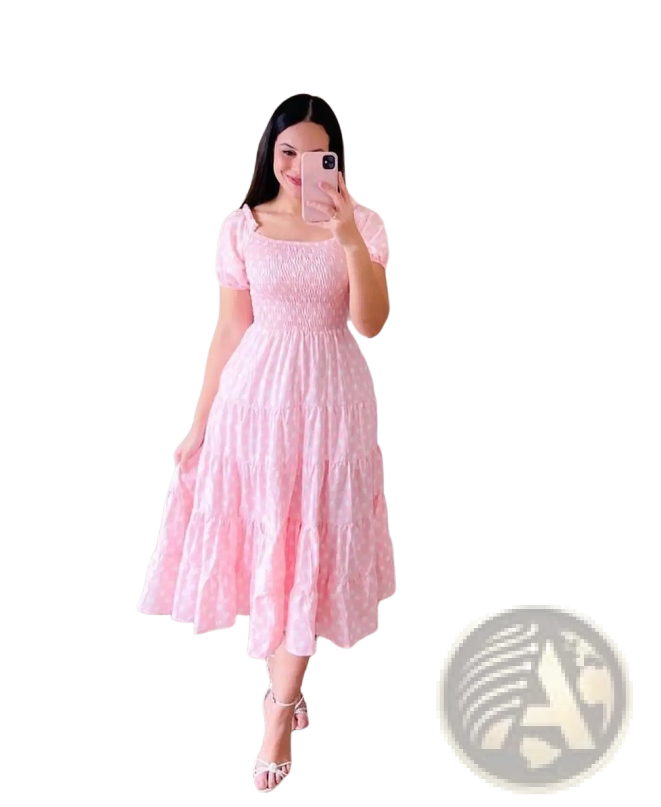 A soft pink floral print smocked tiered midi dress with square neckline and puffed short sleeves