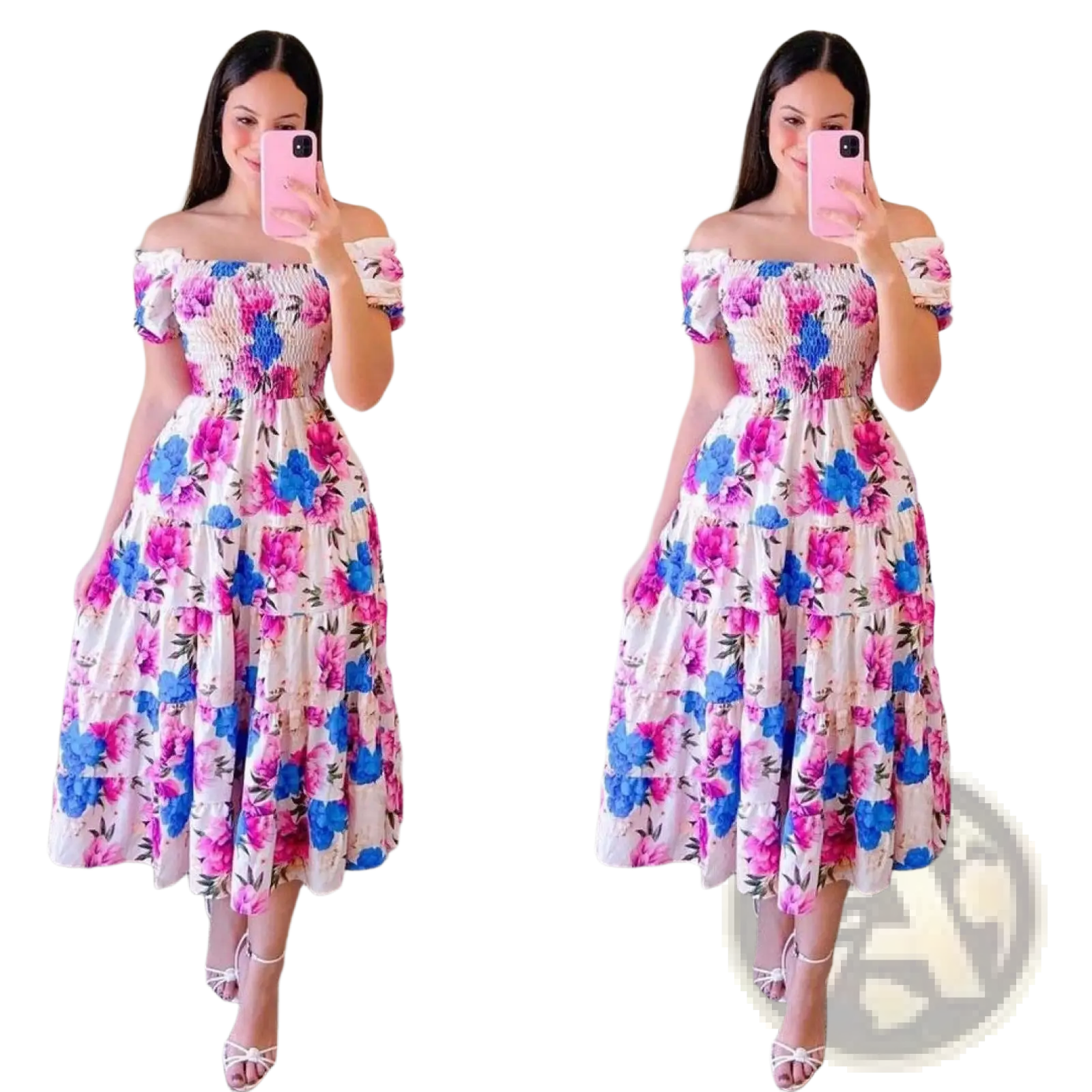 A vibrant floral print smocked tiered midi dress with square neckline featuring pink and blue blossoms on cream background