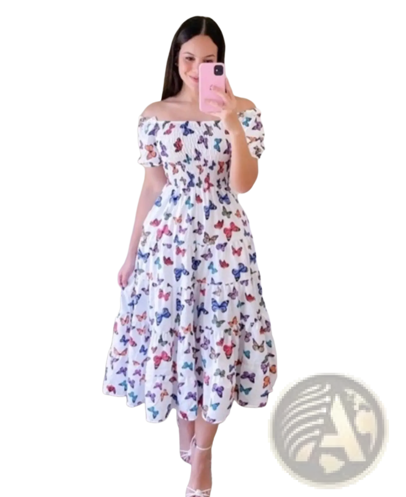 A white off-the-shoulder floral print smocked tiered midi dress with square neckline and colorful butterfly print