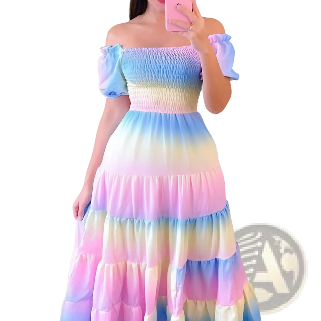 Pastel rainbow gradient off-the-shoulder maxi dress with ruffled puff sleeves and tiered skirt in lightweight fabric