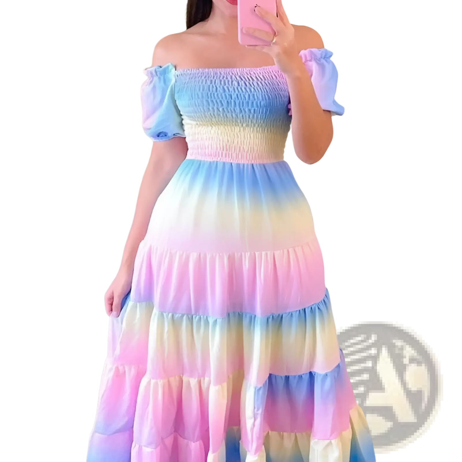 Pastel rainbow gradient off-the-shoulder maxi dress with ruffled puff sleeves and tiered skirt in lightweight fabric