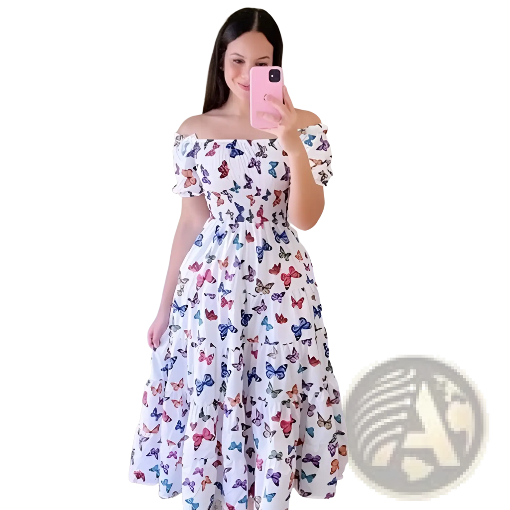 White off-the-shoulder midi dress with vibrant multicolored butterfly print featuring smocked tiered design and square neckline