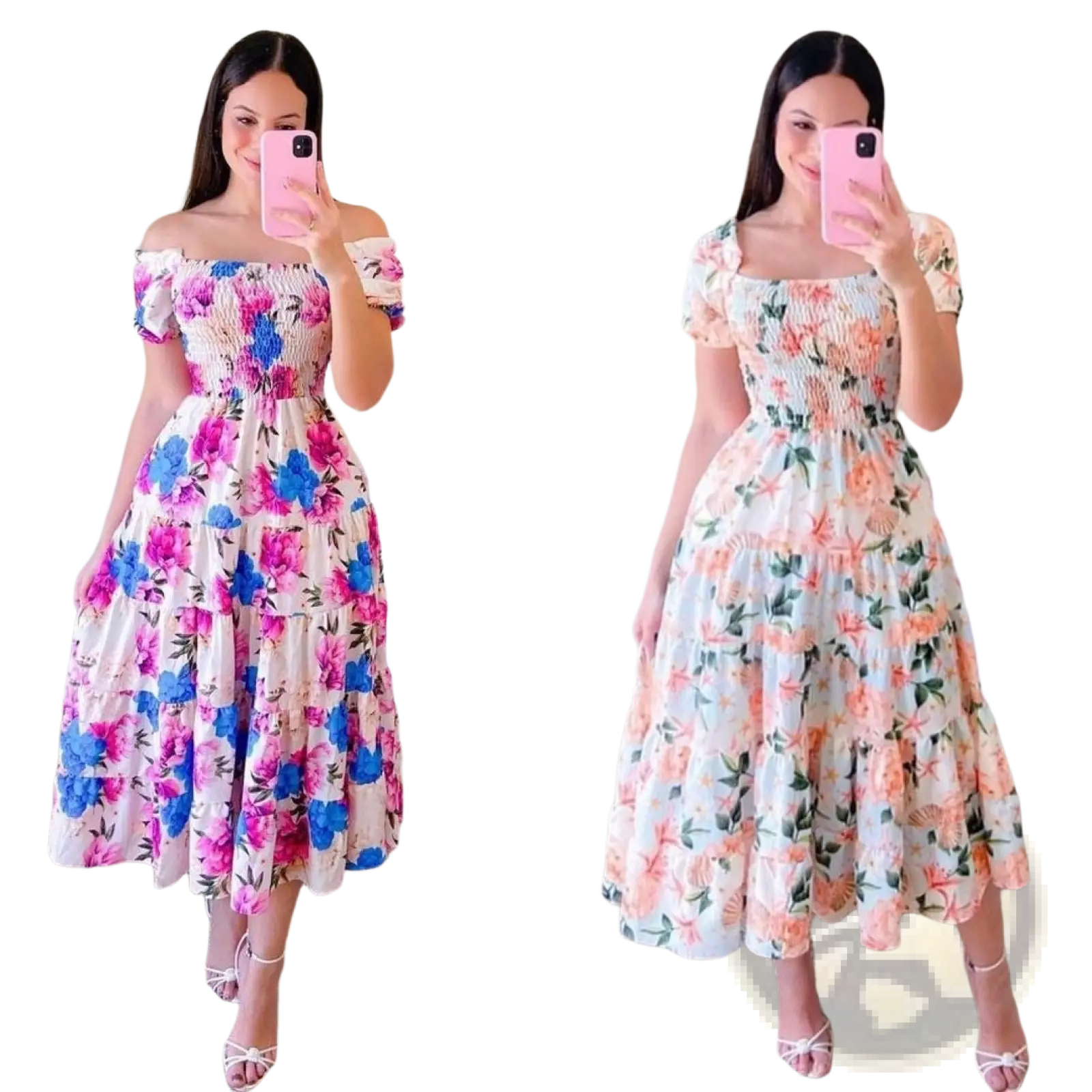 Floral print smocked tiered midi dress with square neckline featuring vibrant pink blue and peach green blossoms