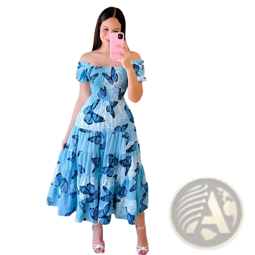 Floral print smocked tiered midi dress in light blue with dark blue butterfly prints and delicate lace accents