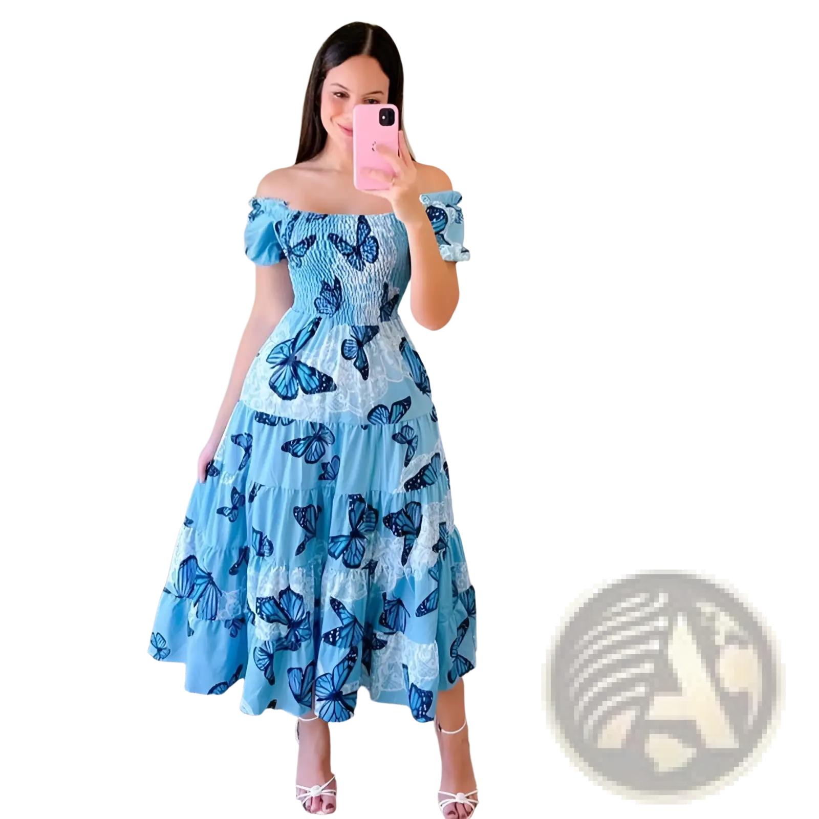 Floral print smocked tiered midi dress in light blue with dark blue butterfly prints and delicate lace accents