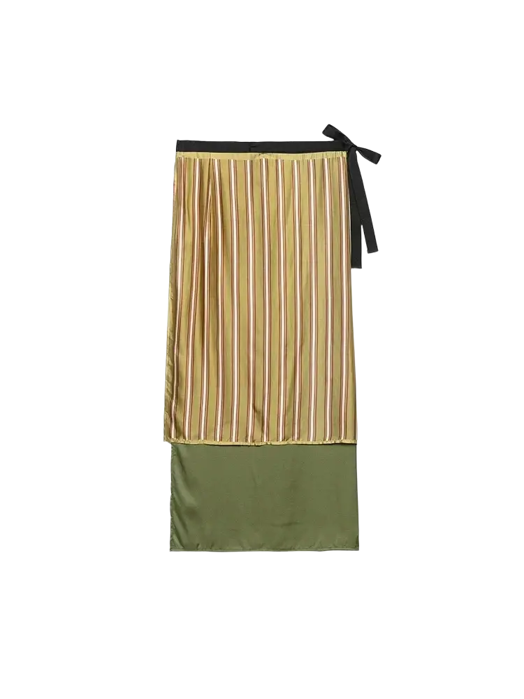 Floral print two piece midi skirt set featuring a two toned silk skirt with gold beige stripes and olive green panel