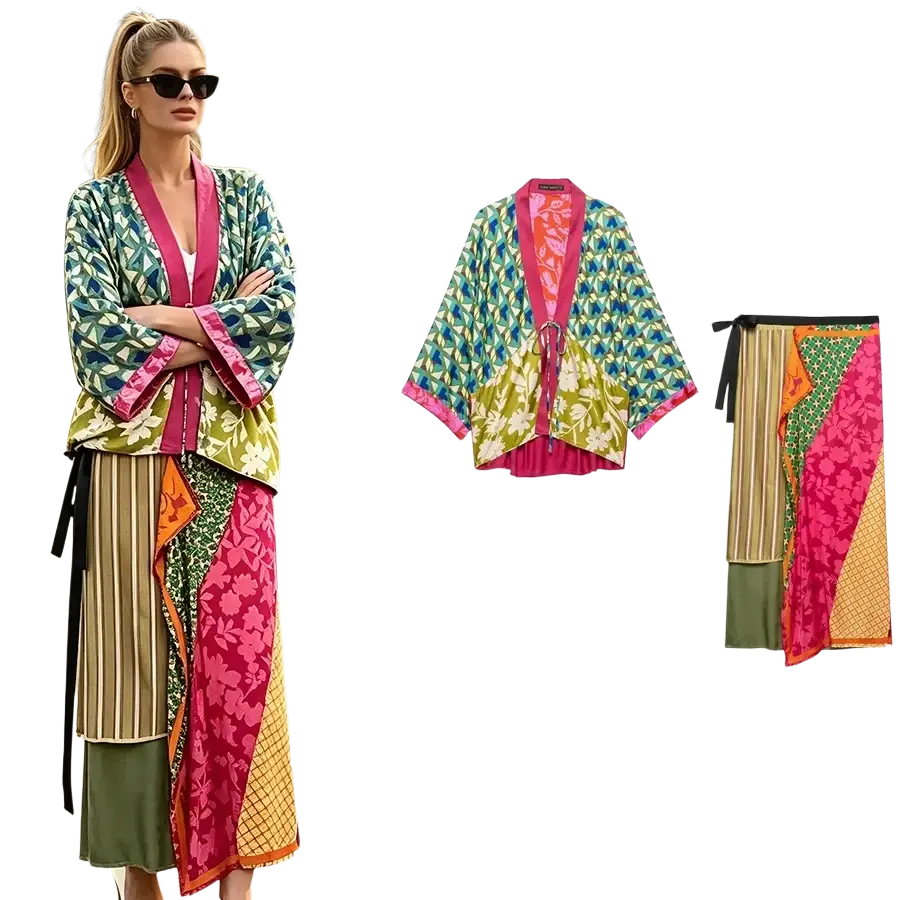 Floral print two piece midi skirt set featuring a vibrant patchwork kimono with bold geometric and floral patterns in teal green pink orange and gold tones