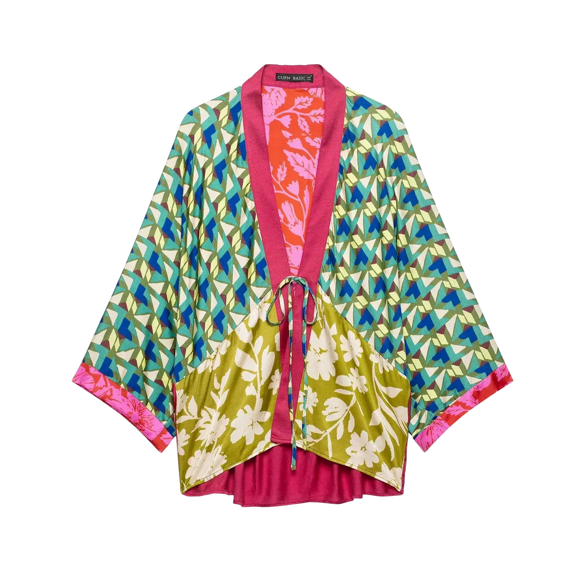 Floral print two piece midi skirt set featuring a vibrant patchwork kimono with teal lime green pink and orange patterns on silky fabric