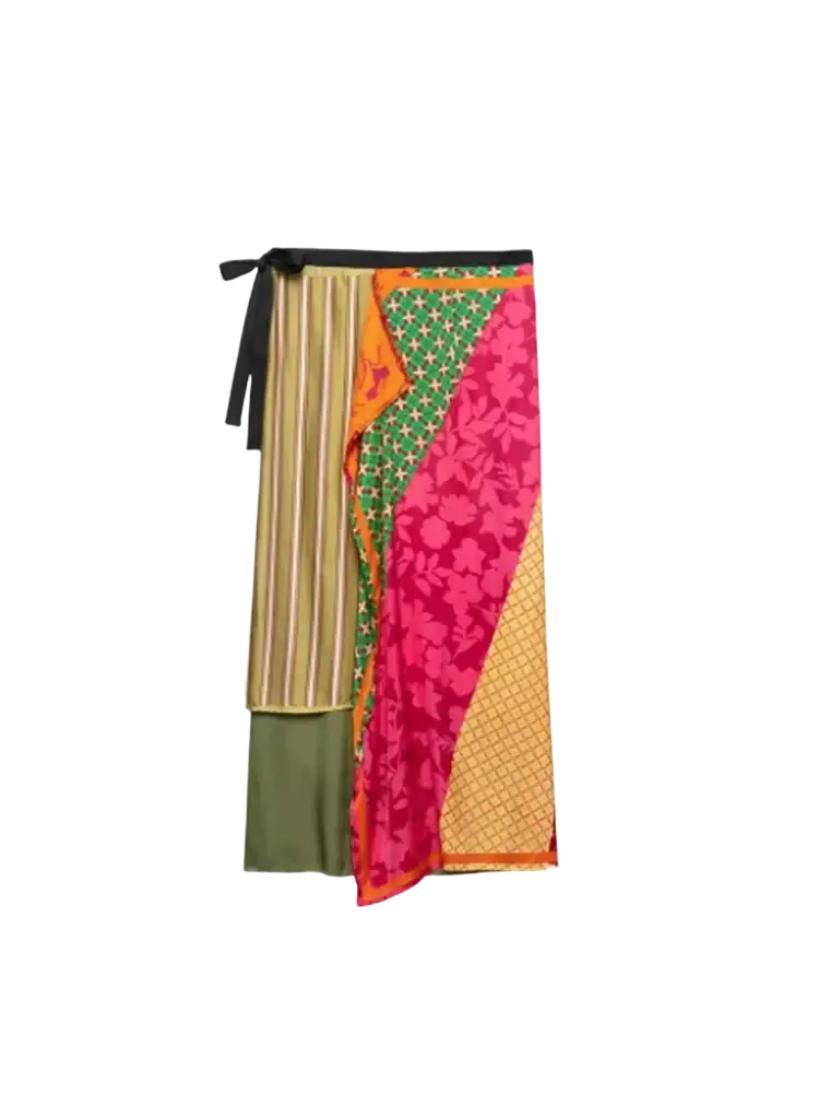 Floral print two piece midi skirt set with a vibrant patchwork side tie wrap skirt in beige gold green fuchsia and olive colors