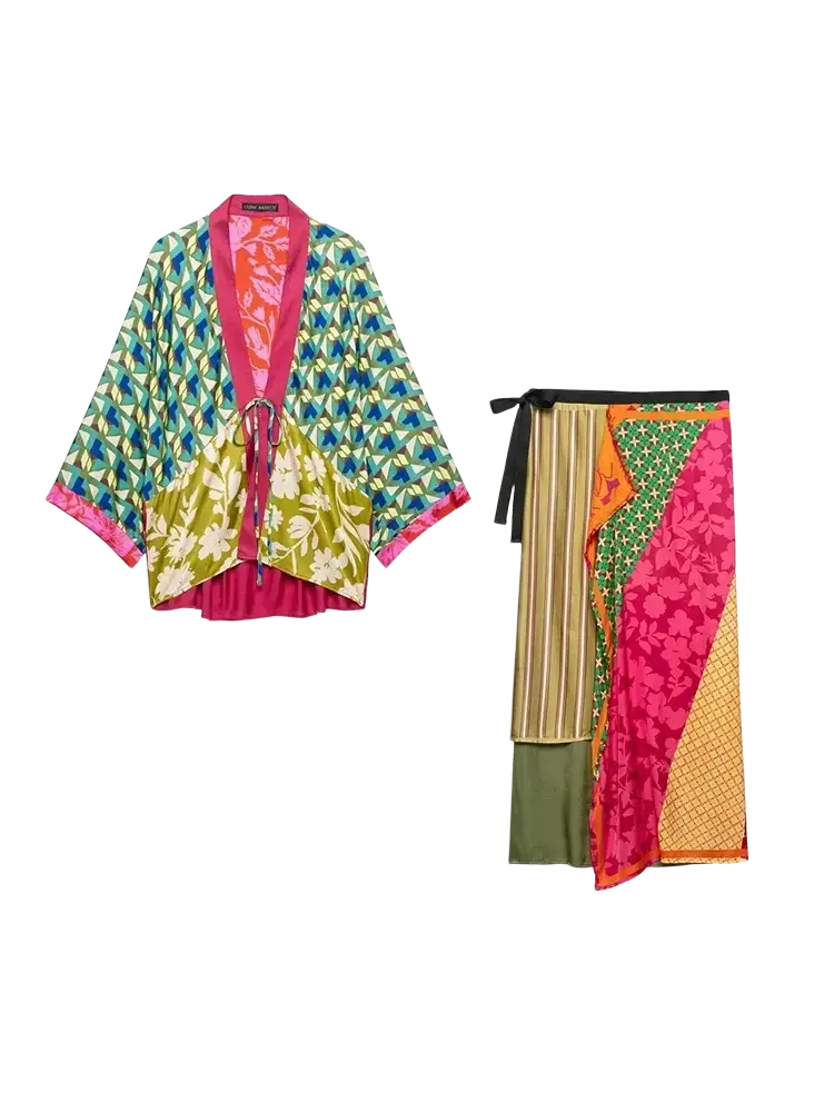 Vibrant patchwork silk kimono with geometric and floral patterns in teal lime green pink and orange for stylish layering