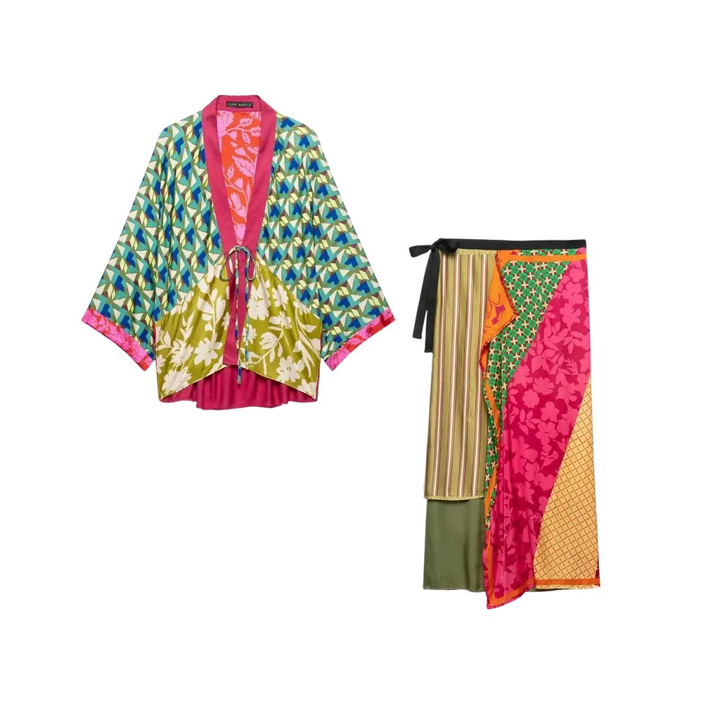 Floral print two piece midi skirt set featuring vibrant patchwork silk kimono and wrap skirt with bold patterns and gold accents