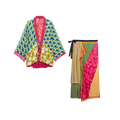 Floral print two piece midi skirt set featuring vibrant patchwork silk kimono and wrap skirt with bold patterns and gold accents