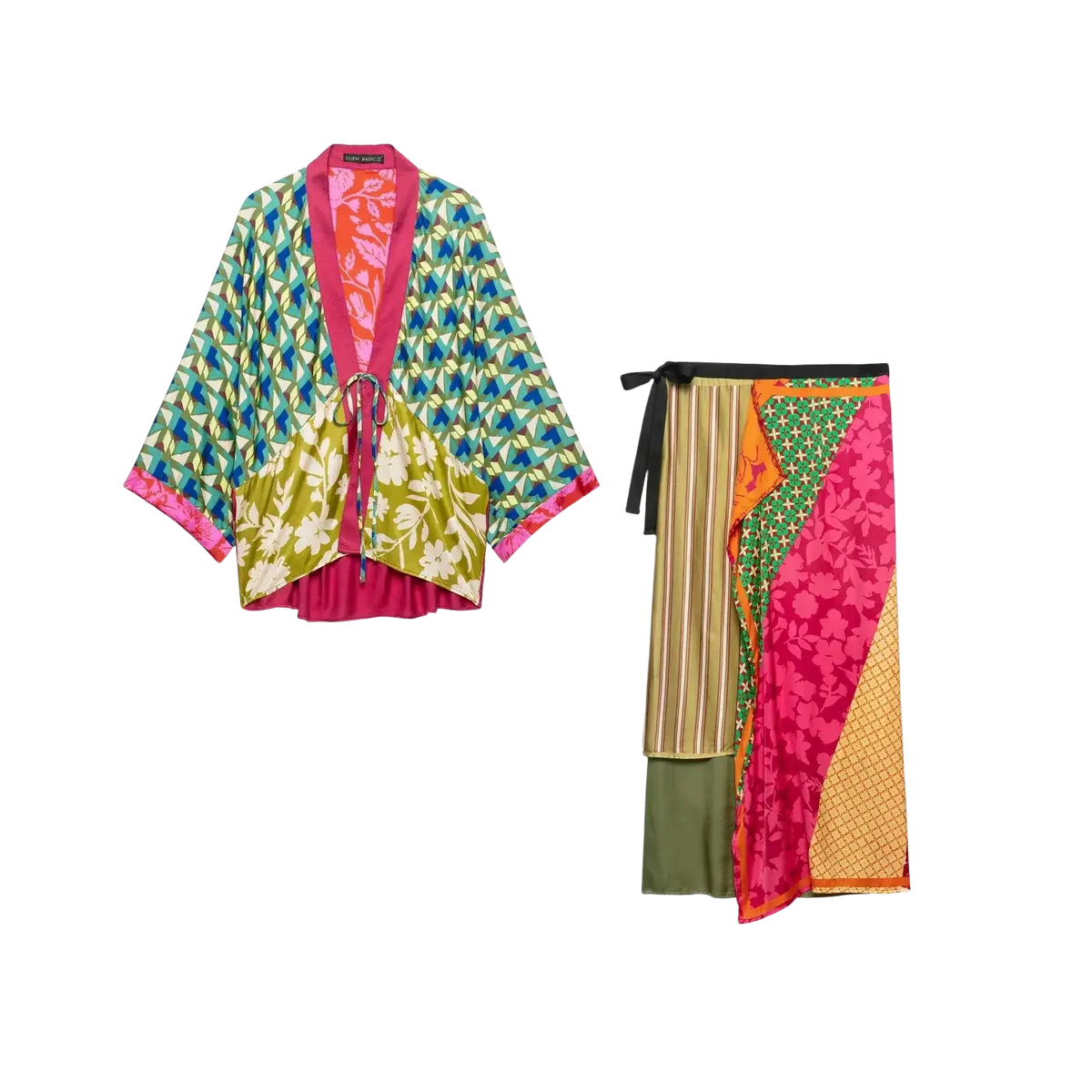 Floral print two piece midi skirt set featuring vibrant patchwork silk kimono and wrap skirt with bold patterns and gold accents