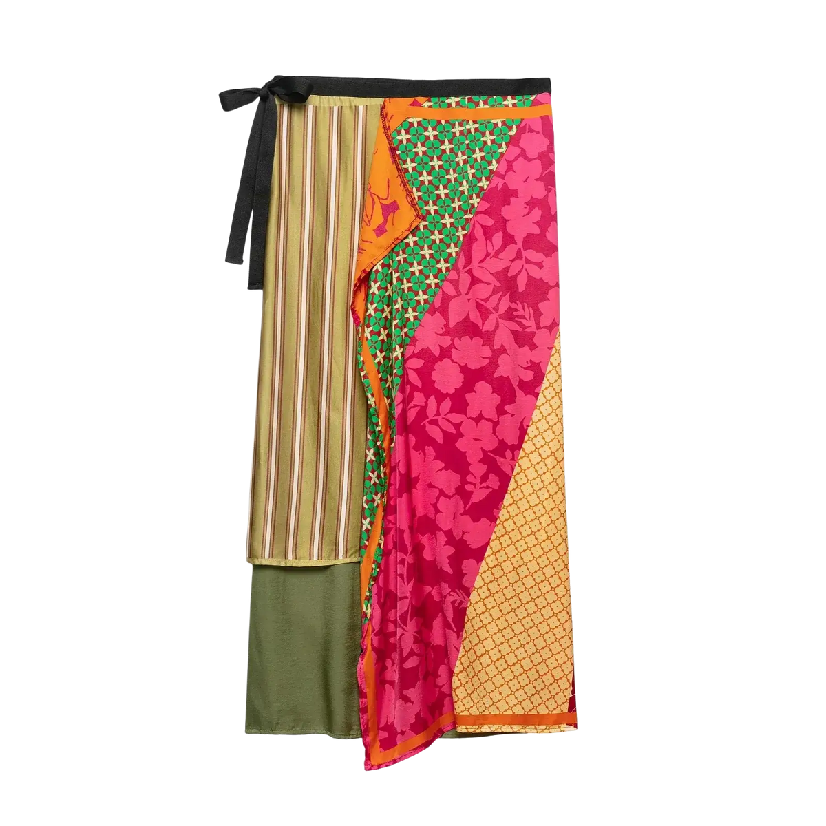 A vibrant floral print two piece midi skirt set with a patchwork wrap skirt featuring bold stripes and geometric patterns