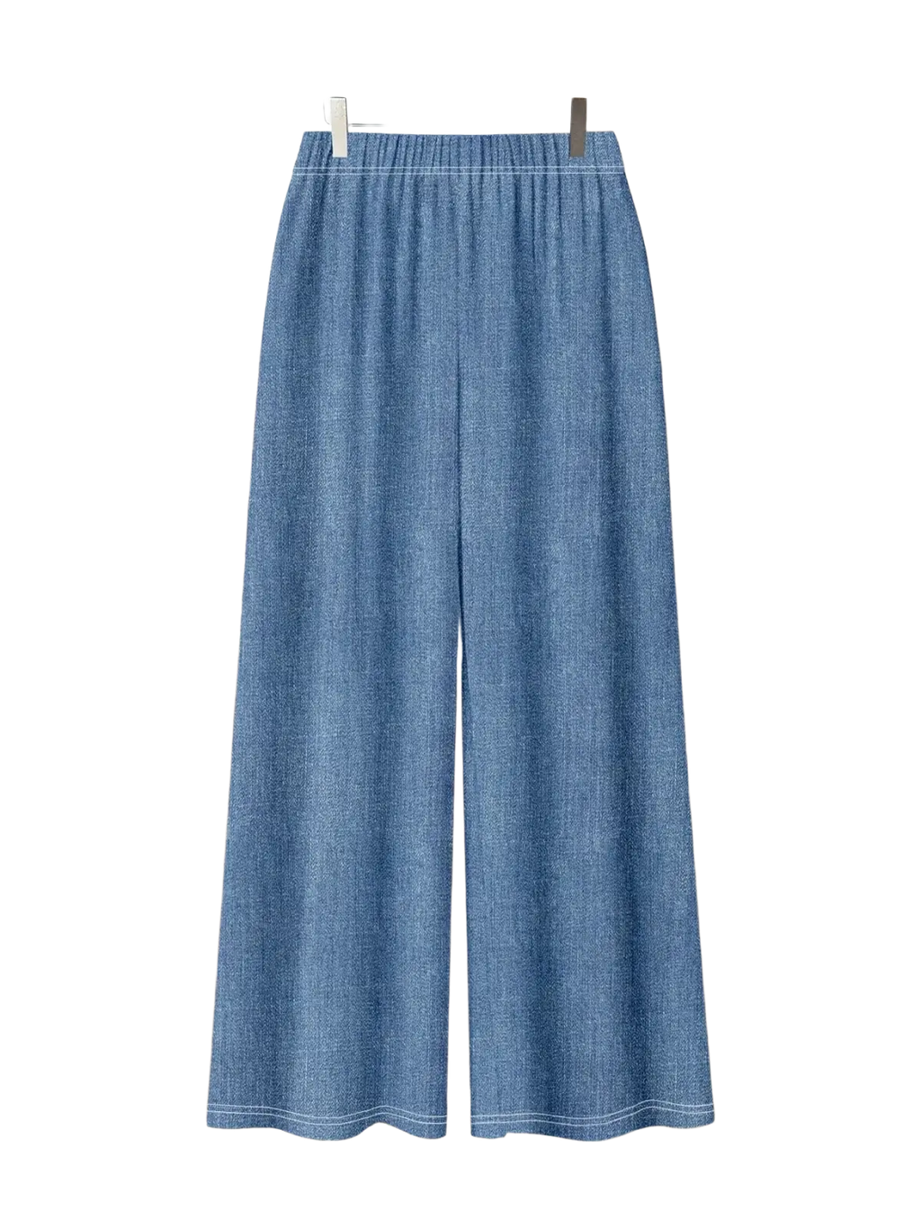 Blue denim wide-leg pants with elastic waistband and subtle stitching in floral print two-piece outfit set