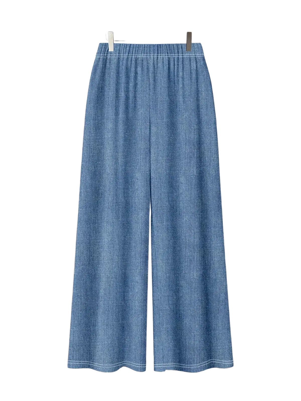 Blue denim wide-leg pants with elastic waistband and subtle stitching in floral print two-piece outfit set