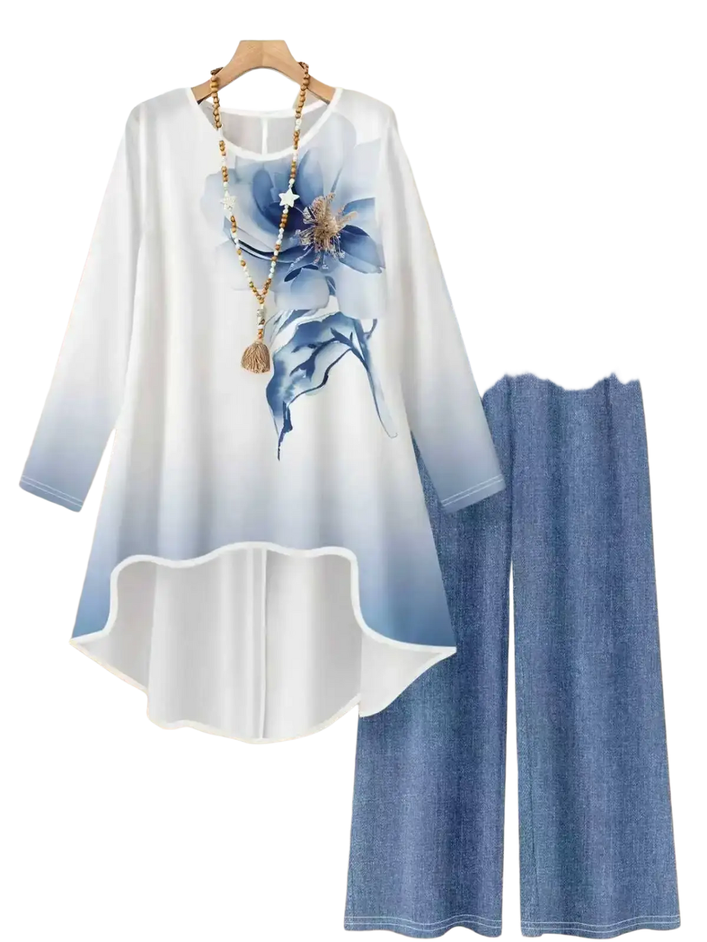 A flowing white and blue gradient floral print blouse with matching wide-leg denim pants two-piece outfit set