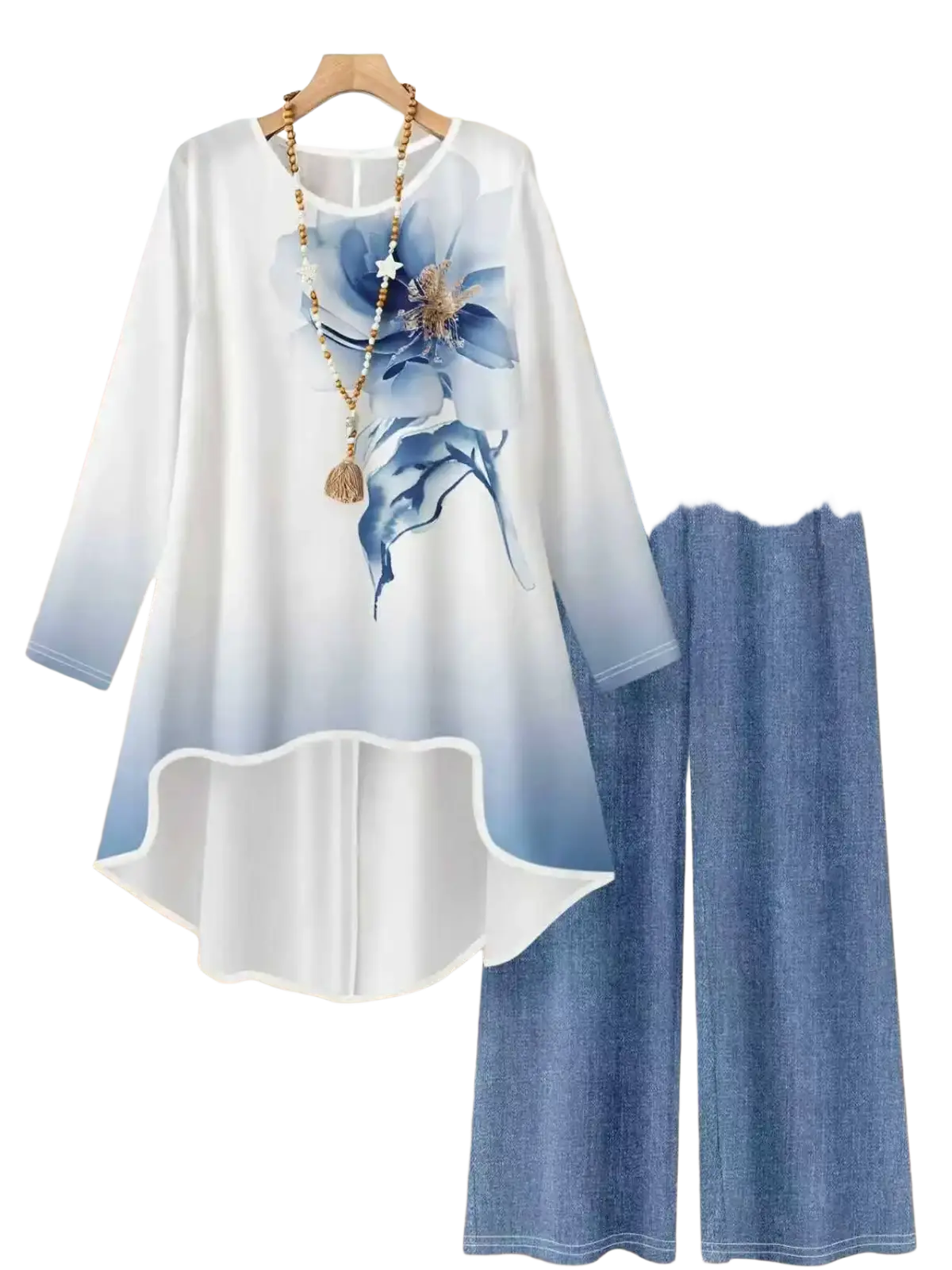 A flowing white and blue gradient floral print blouse with matching wide-leg denim pants two-piece outfit set