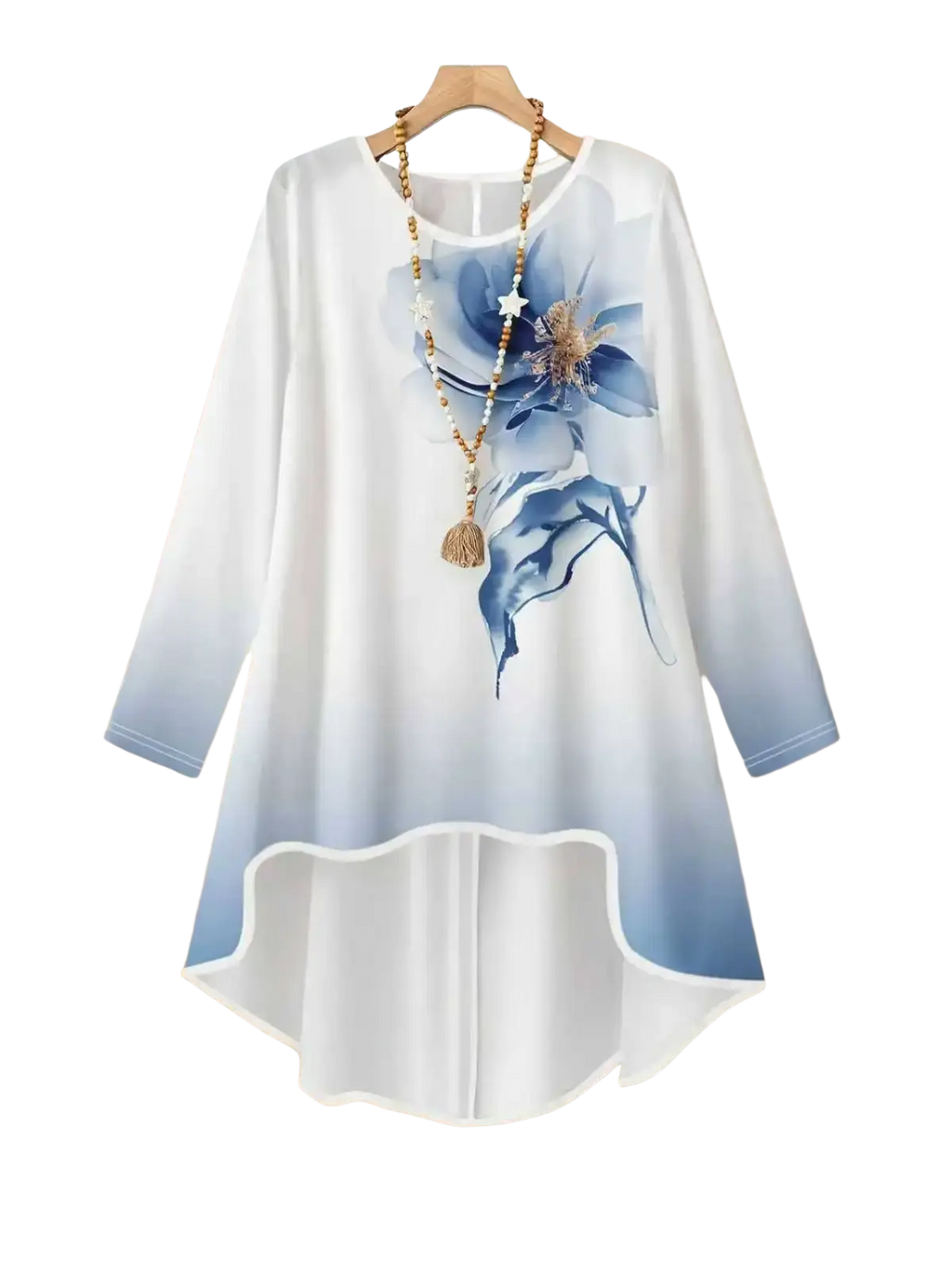 A flowing white and blue gradient long-sleeved top with a large floral print hanging on a wooden hanger from a two-piece outfit set