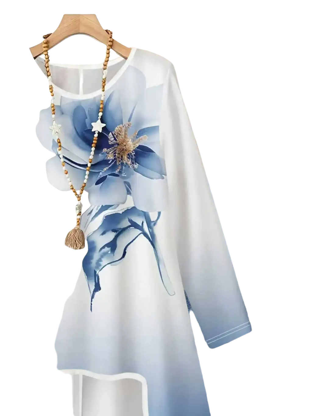 White long-sleeved top with large blue floral print and sheer overlay from floral print two-piece wide-leg pants set