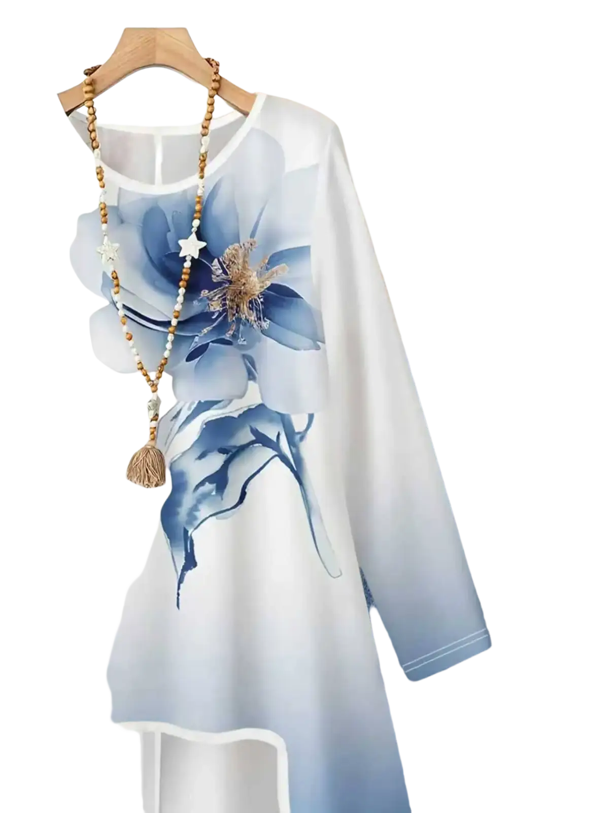 White long-sleeved top with large blue floral print and sheer overlay from floral print two-piece wide-leg pants set