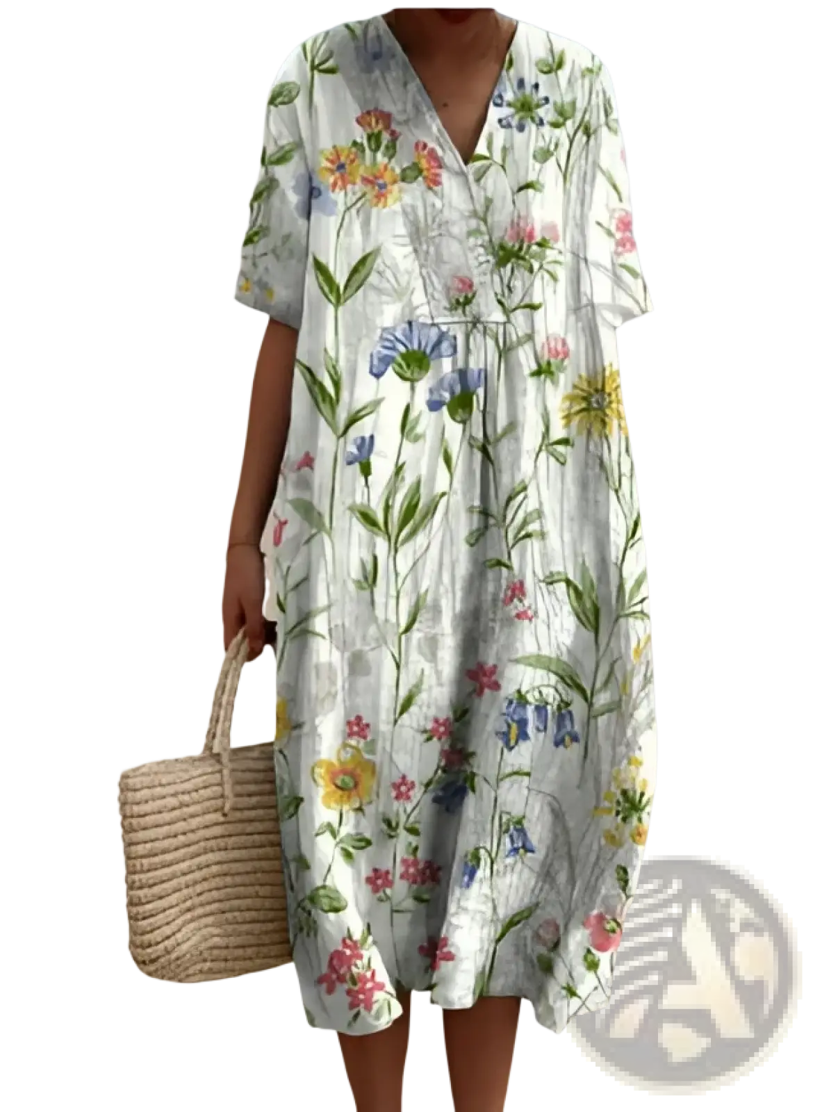 A flowing white floral print v neck loose maxi dress with short sleeves and delicate multicolored blossoms