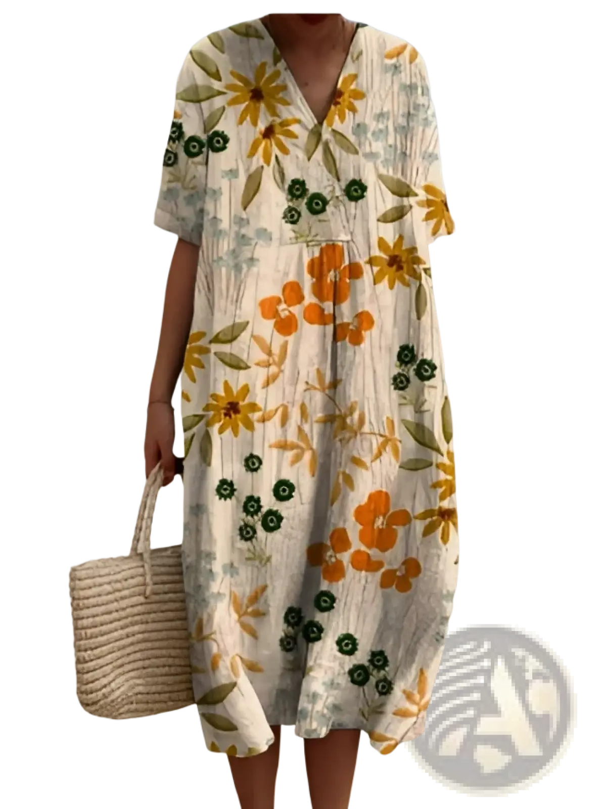 A flowing off-white floral print v neck loose maxi dress with yellow sunflowers orange blossoms and green leaves