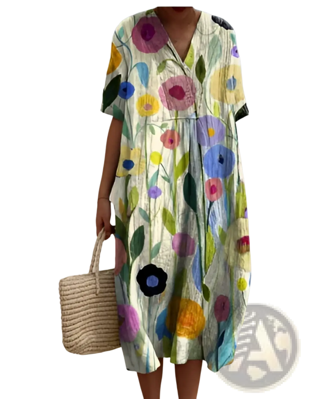 A woman wears a floral print v neck loose maxi dress in vibrant pink blue yellow and purple on light green background