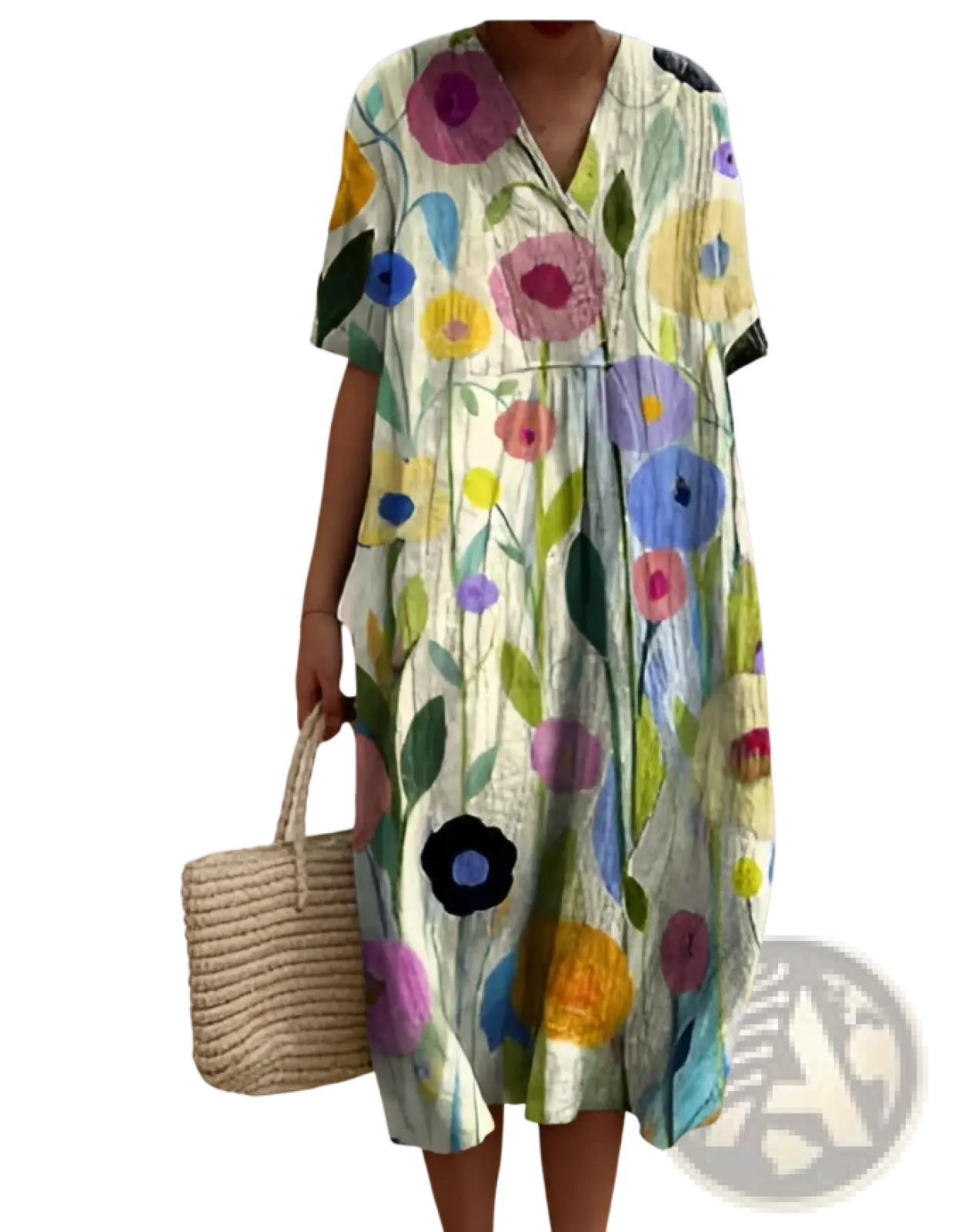 A woman wears a floral print v neck loose maxi dress in vibrant pink blue yellow and purple on light green background