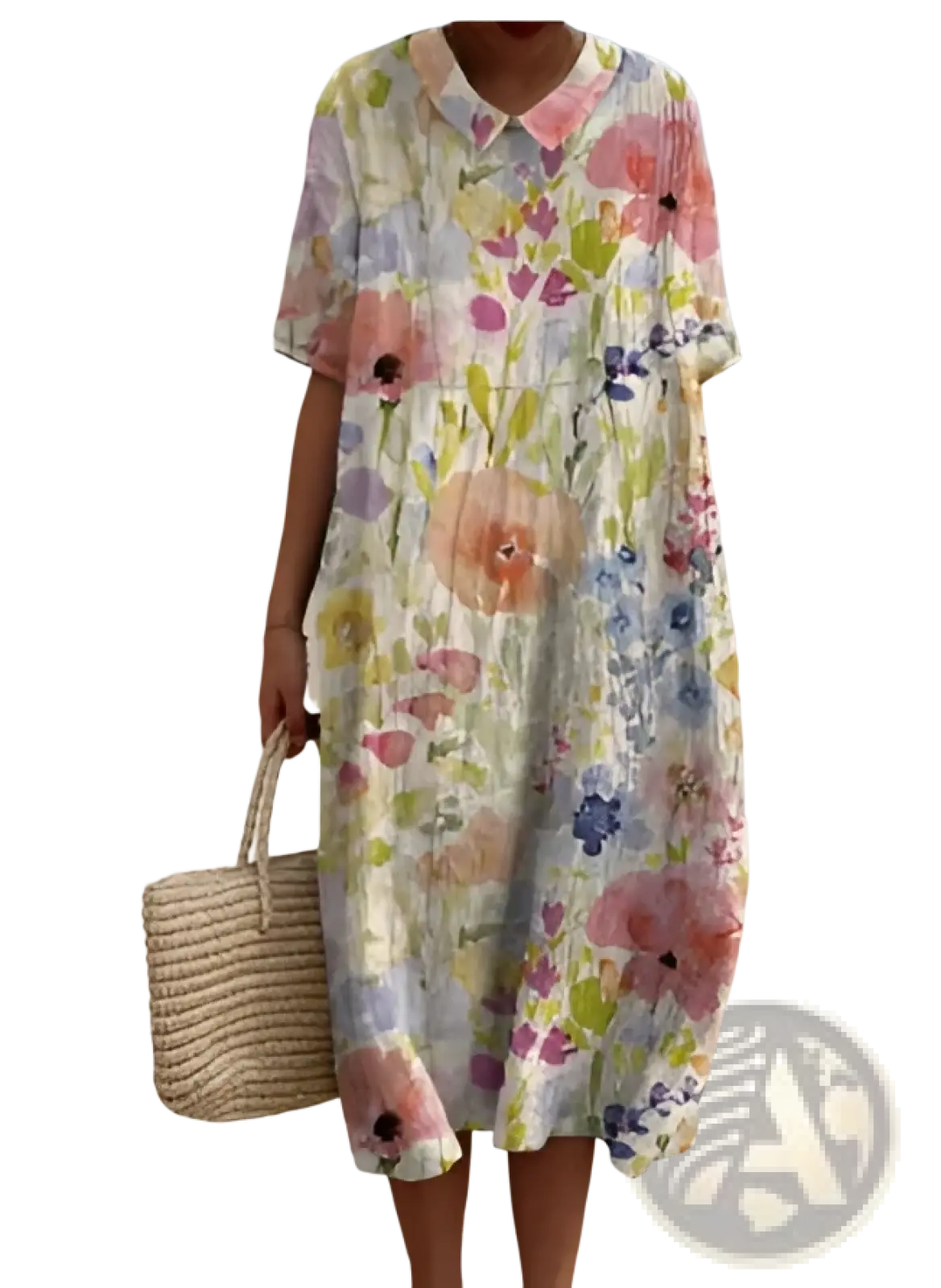 A flowing short-sleeved floral dress in soft pastel hues with a collared neckline and gathered waist
