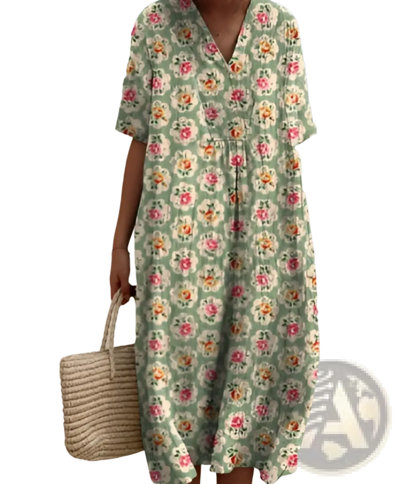 Floral print v neck loose maxi dress in soft sage green with short sleeves and delicate pink and yellow blossoms
