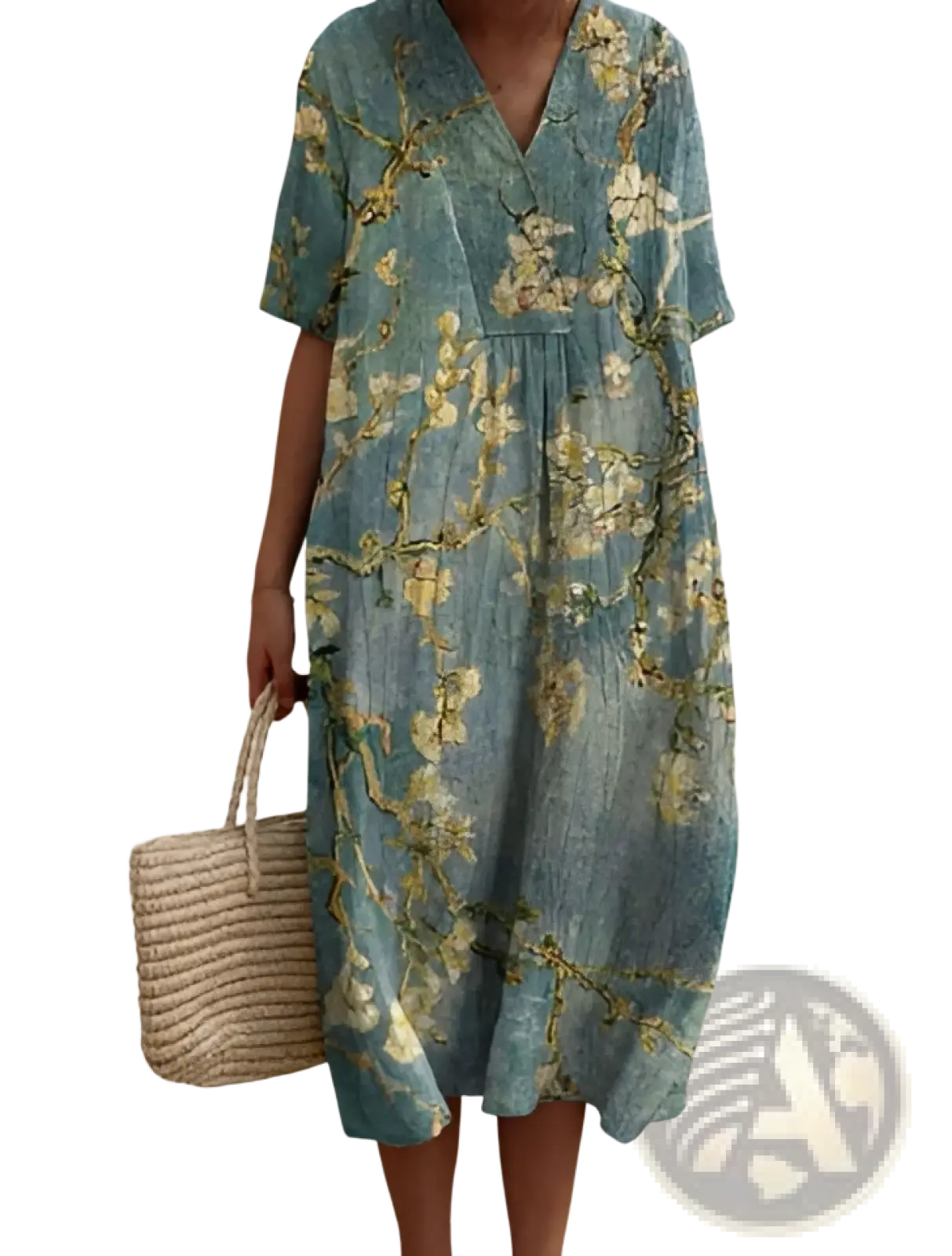 A flowing teal floral print v neck loose maxi dress with short sleeves and yellow flower pattern for casual wear