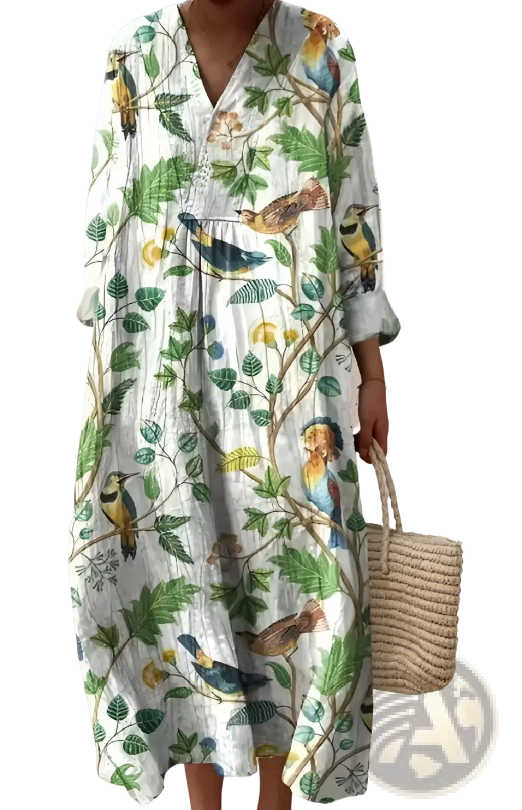 A flowing white floral print v neck loose maxi dress with long sleeves and vibrant bird and leaf patterns
