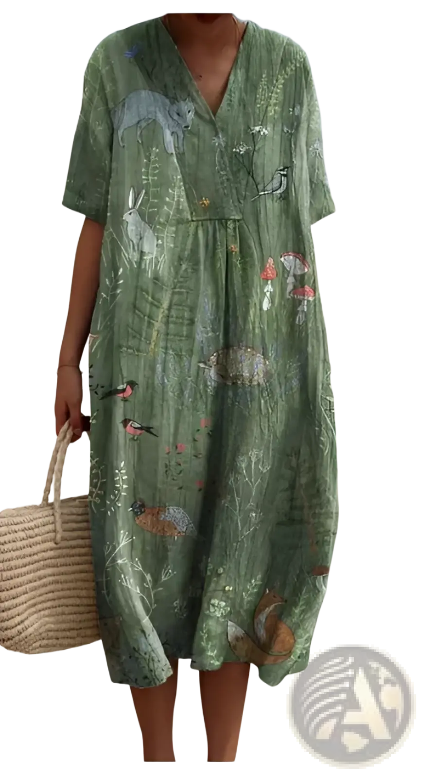 A soft olive-green floral print v neck loose maxi dress with short sleeves featuring a woodland animals and mushrooms design