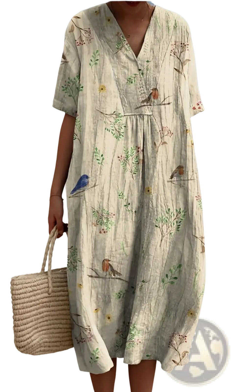 Floral print v neck loose maxi dress in off-white linen with delicate bird and botanical print featuring small yellow flowers