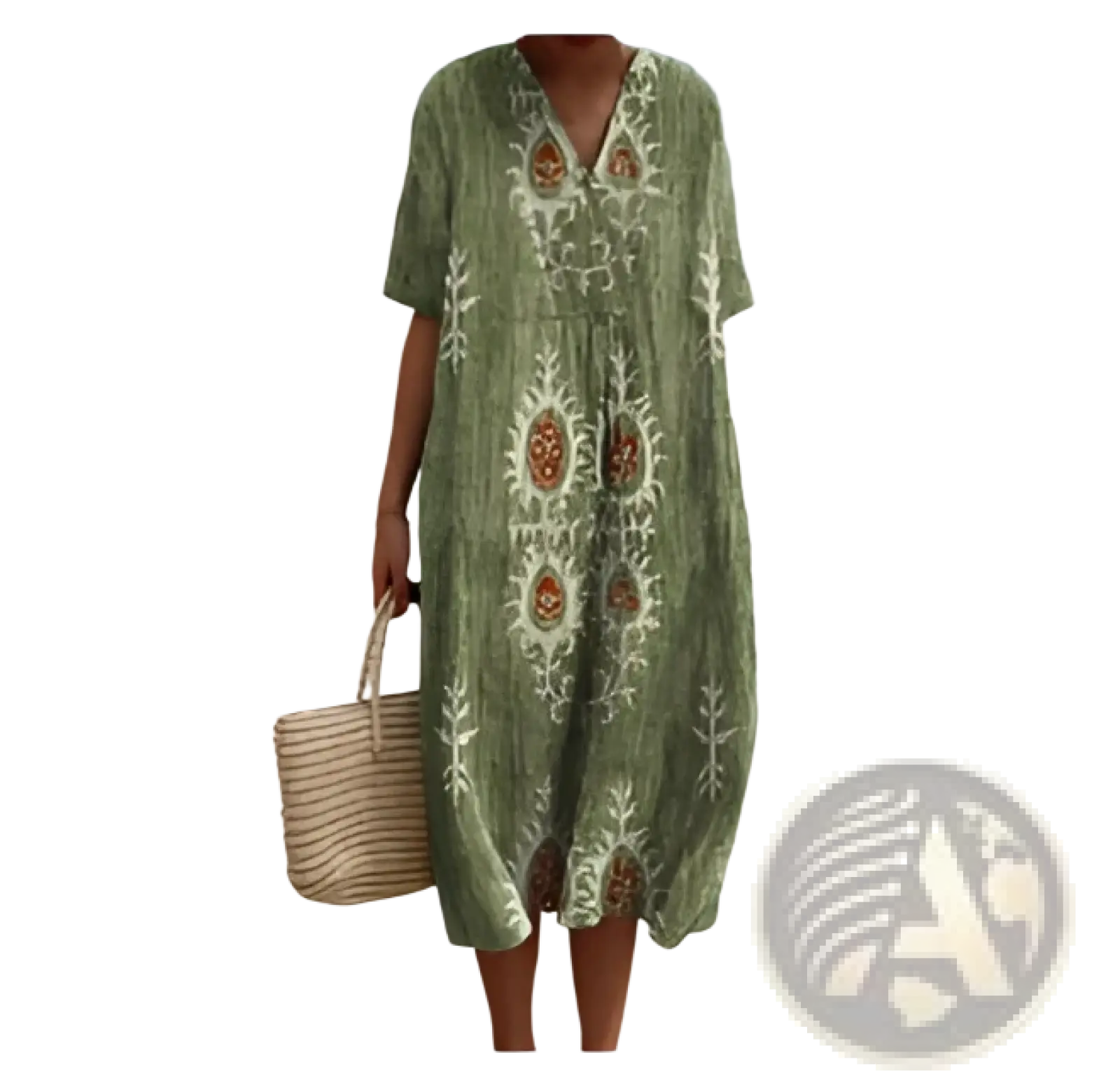 A woman wears an olive-green floral print v neck loose maxi dress with white and rust embroidery on the front