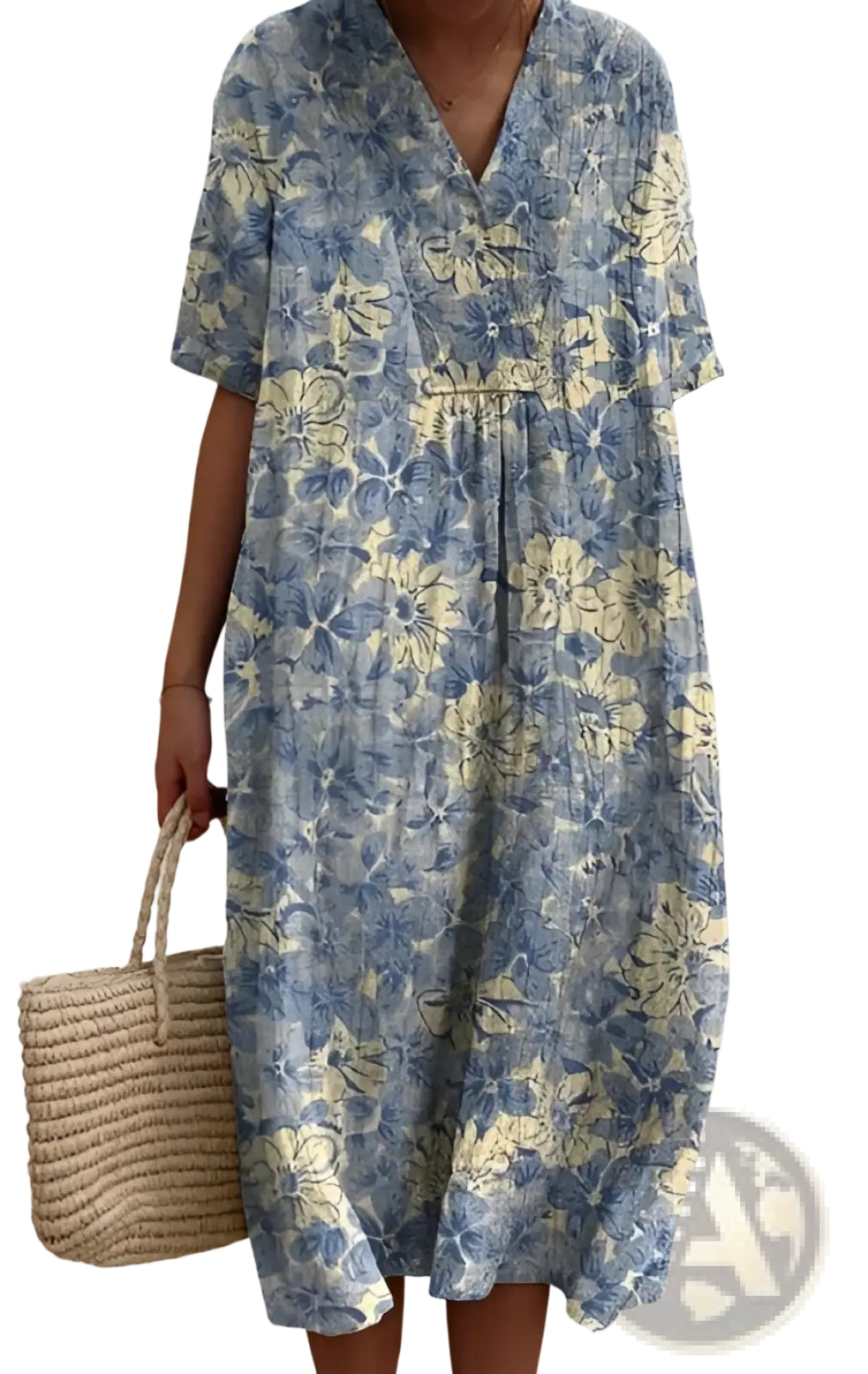 A flowing blue and yellow floral print v neck loose maxi dress with short sleeves made of lightweight fabric