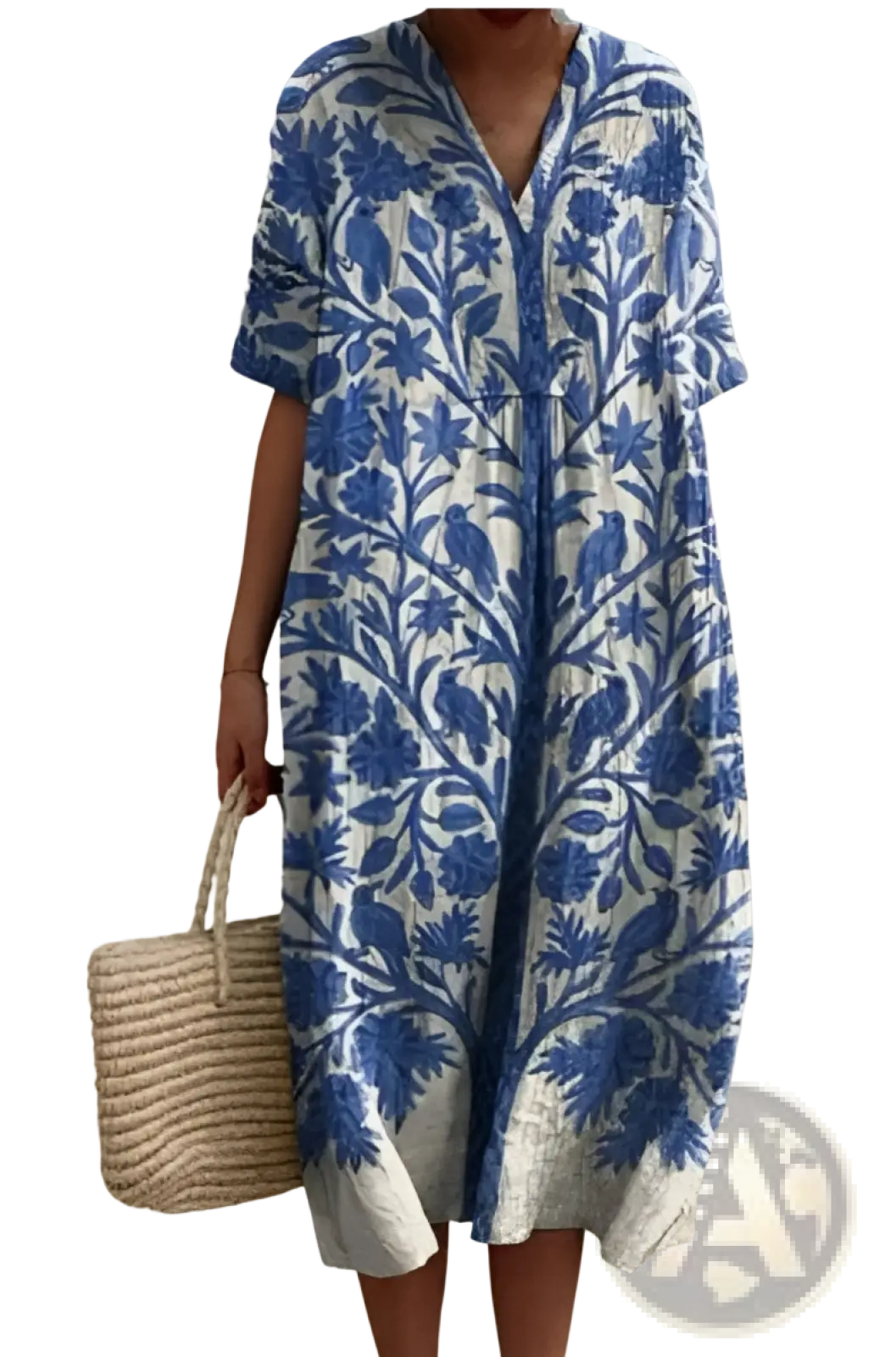 A flowing blue and white floral print v neck loose maxi dress with short sleeves made from lightweight fabric