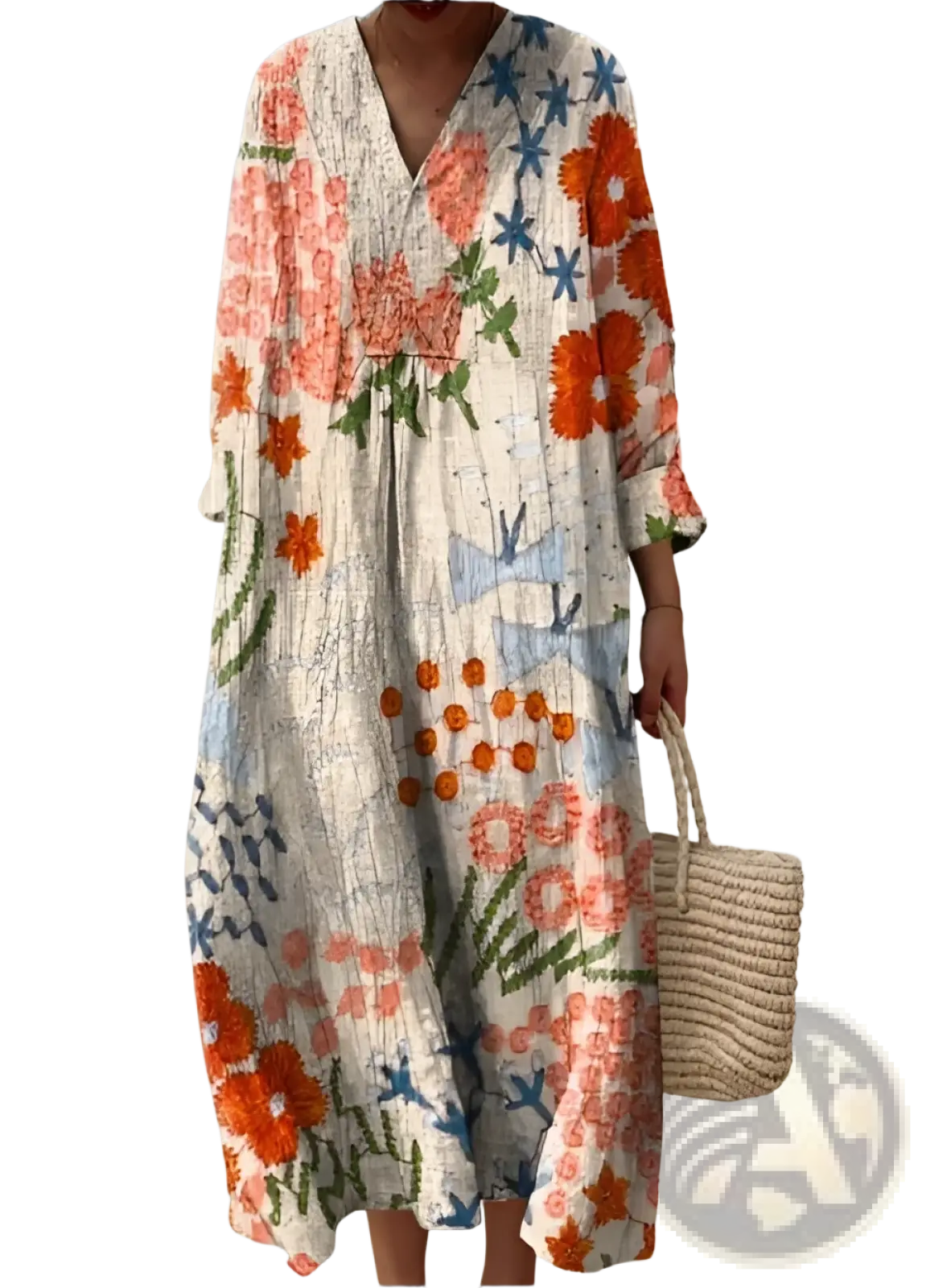 A flowing off-white maxi dress with v neck and vibrant orange blue green floral print perfect for casual wear
