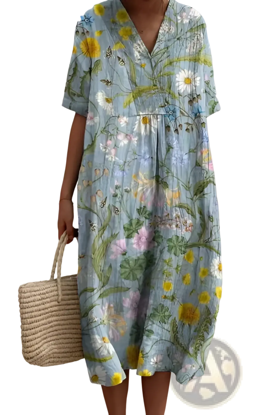 A light blue floral print v neck loose maxi dress with short sleeves featuring yellow daisies and pink flowers on soft fabric