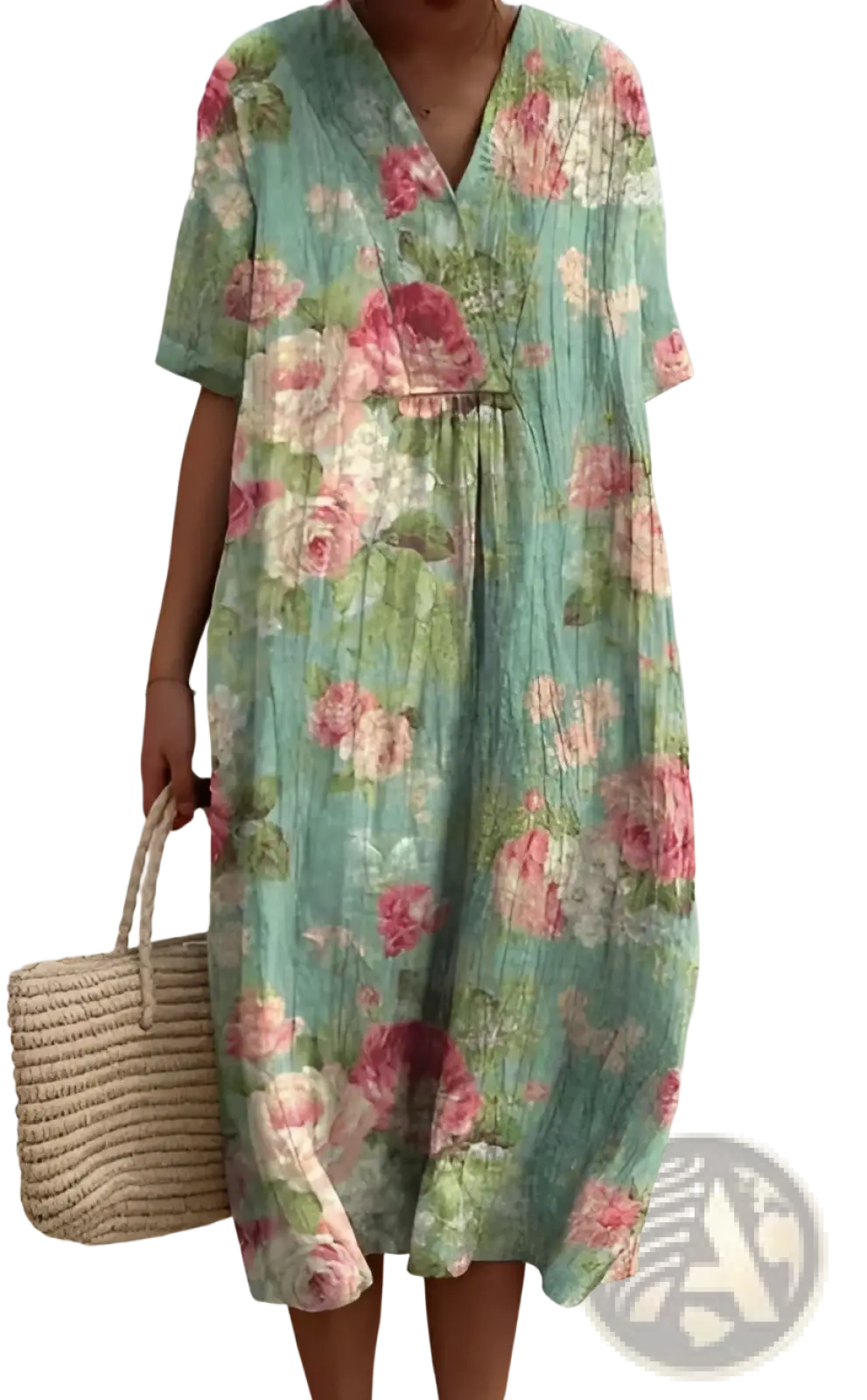 A flowing mint green floral print v neck loose maxi dress made from lightweight fabric with pink and white roses