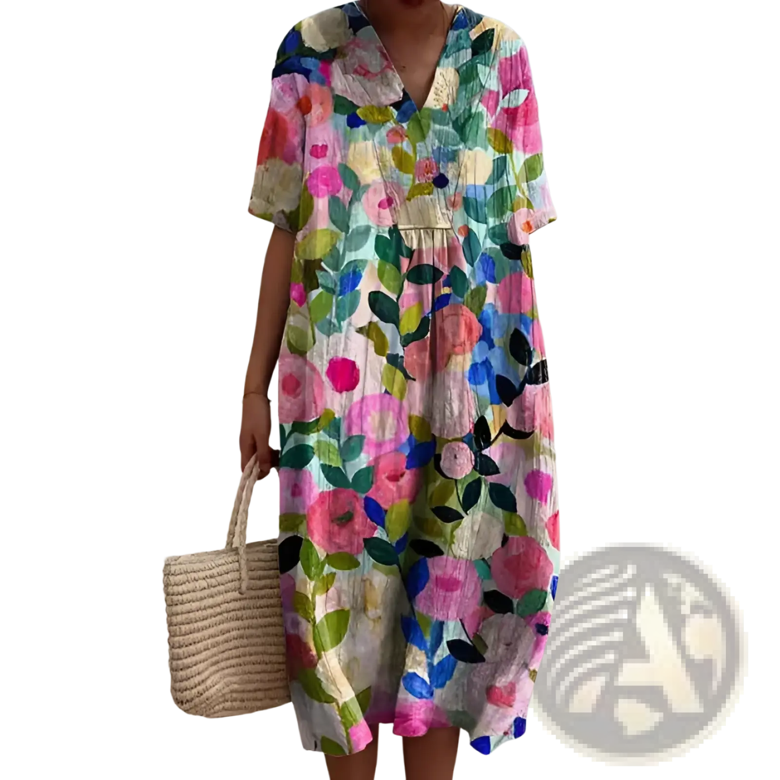 A vibrant floral print v neck loose maxi dress with short sleeves featuring pink blue and green blossoms on a light background