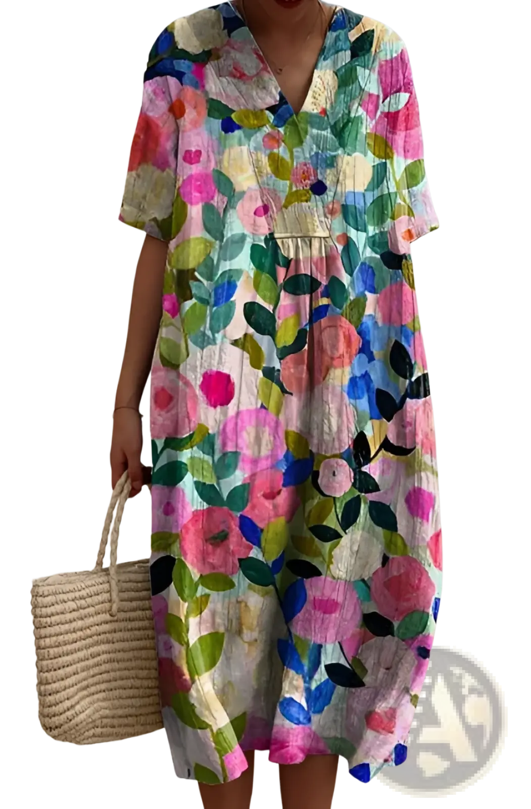 A vibrant short-sleeved floral print loose maxi dress with pink blue and green blossoms on light fabric