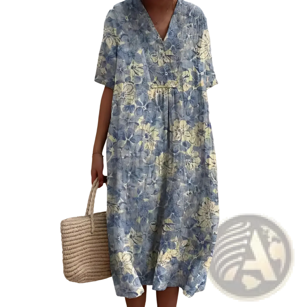 Floral print v neck loose maxi dress featuring a flowing blue and yellow fabric with short sleeves and gathered waist