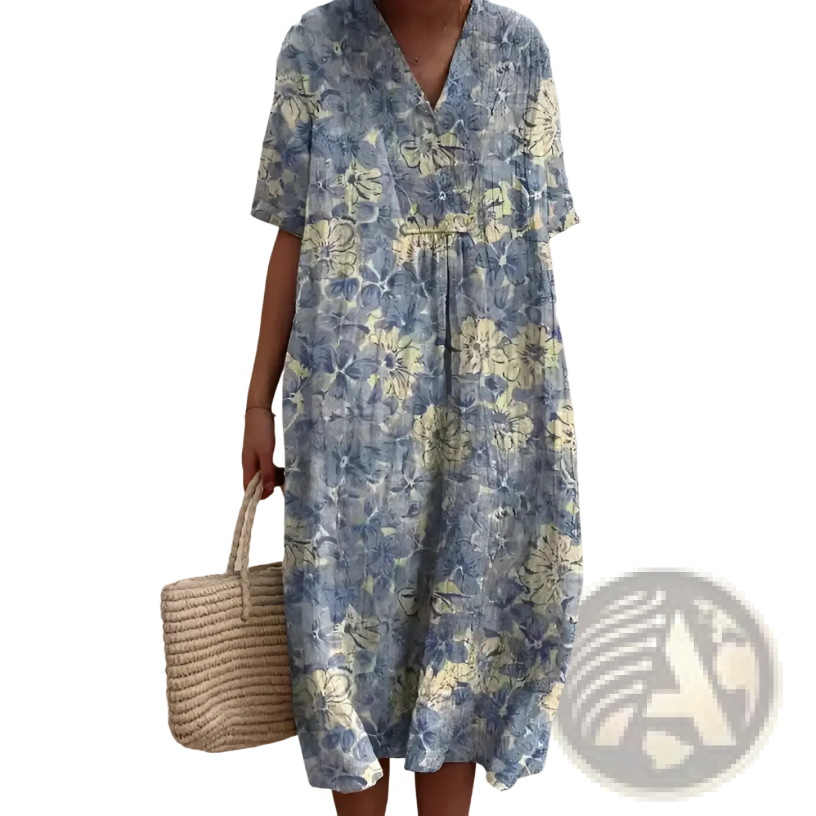 Floral print v neck loose maxi dress featuring a flowing blue and yellow fabric with short sleeves and gathered waist