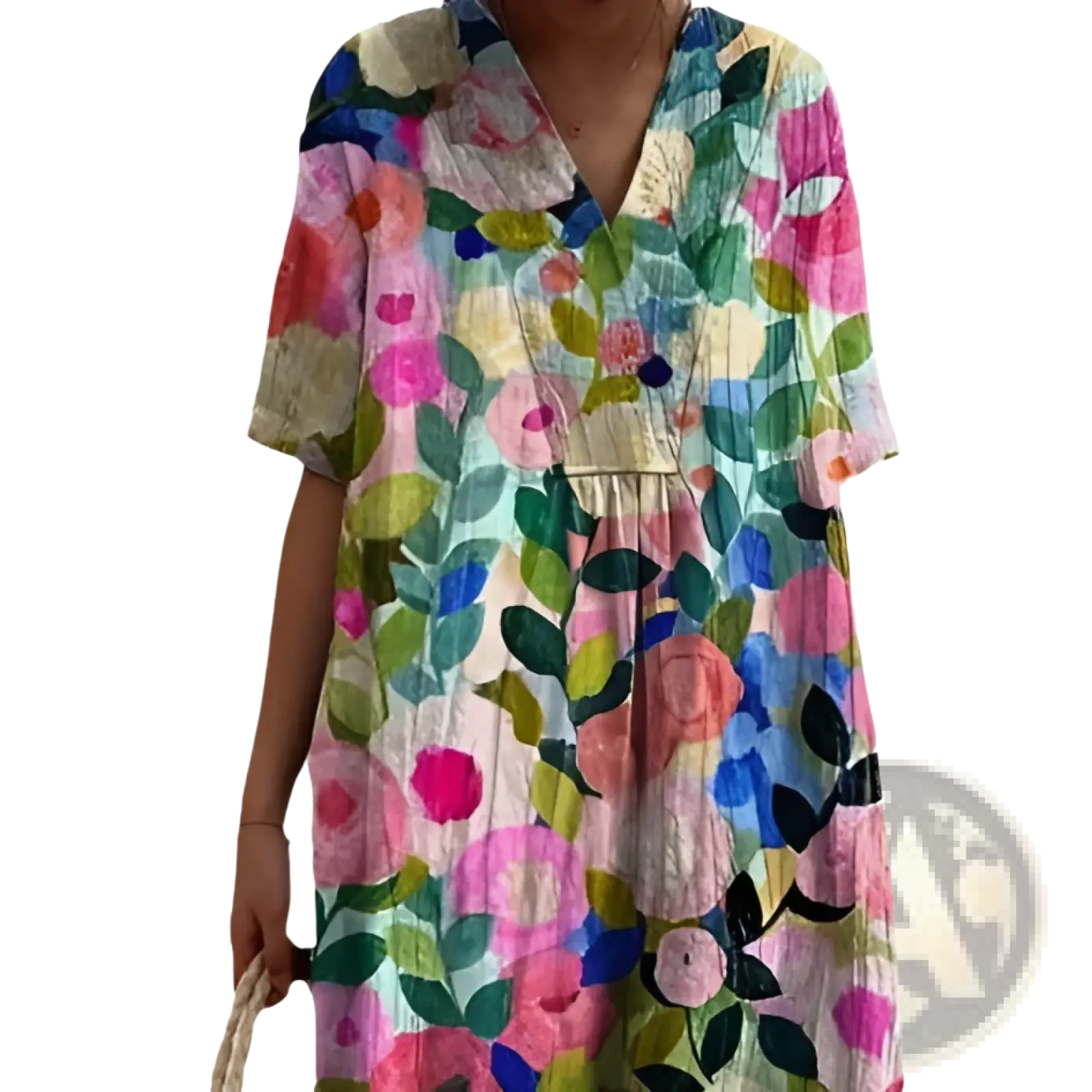 Floral print v neck loose maxi dress with vibrant pink blue green and yellow blossoms on light fabric and gathered waist
