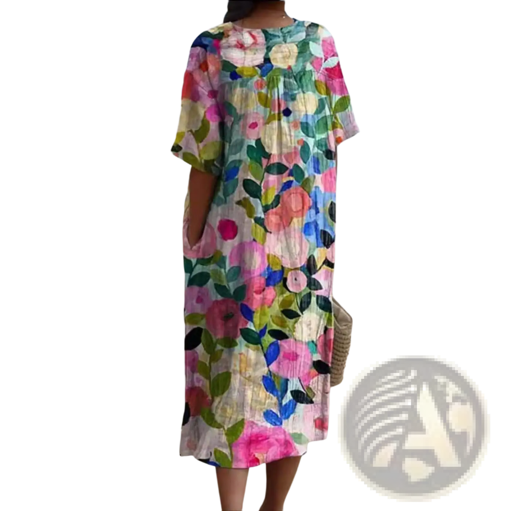 A floral print v neck loose maxi dress in soft flowing fabric with a relaxed fit and short sleeves