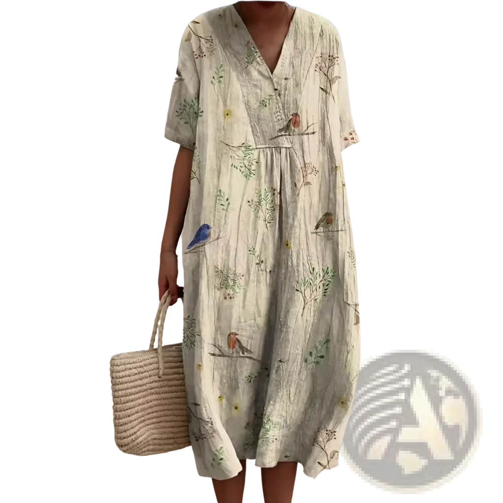 A flowing off-white linen floral print v neck loose maxi dress with delicate botanical and bird patterns in soft colors