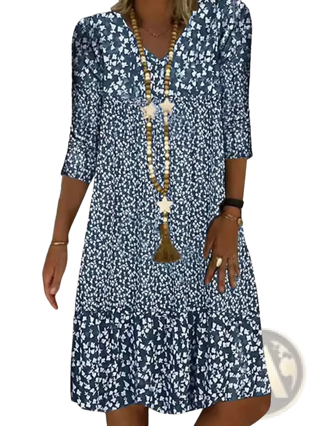 A navy blue and white floral print v neck midi dress with three quarter sleeves made of lightweight fabric