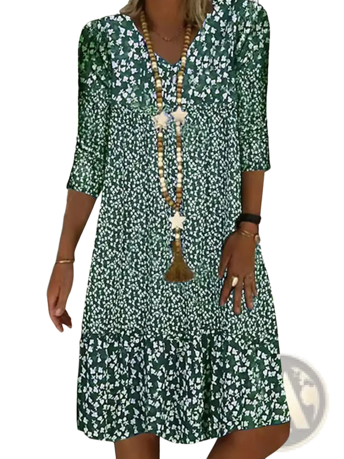 Green floral print midi dress with v neckline and three quarter sleeves made from lightweight fabric